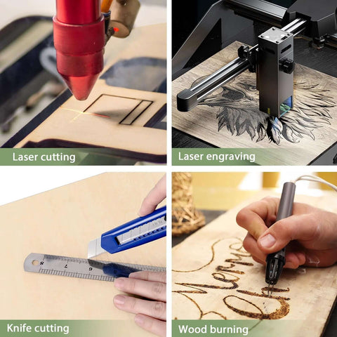 Basswood craft sheets, unfinished 12x12x1/8 in; collage shows laser cutting, engraving, knife cutting, wood burning.