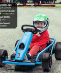 Child riding Dual 300W Go Kart For Kids With 24V System, Eight Point One MPH Top Speed, 9Ah Battery, blue color