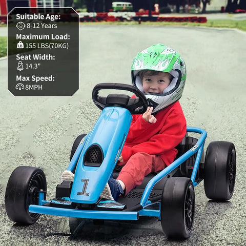 Child riding Dual 300W Go Kart For Kids With 24V System, Eight Point One MPH Top Speed, 9Ah Battery, blue color