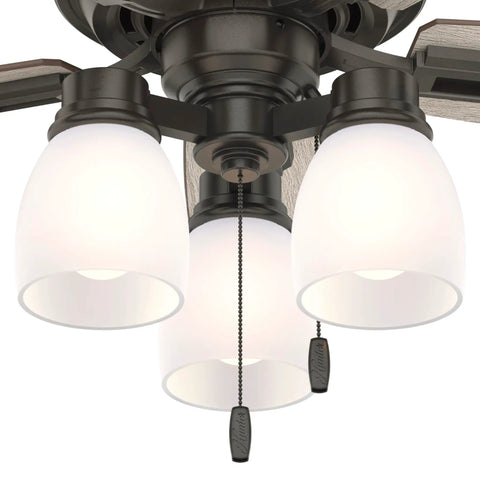 Close-up of light kit on Donegan 44 Inch Ceiling Fan In Noble Bronze Finish With Dope Rustic Designer Series Look Quiet Reversible Motor