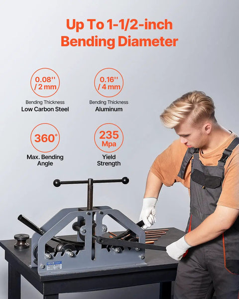 Man using Tube Roller Bender Kit Workhorse with 6 dies for up to 1 and a half inch tubing, manual copper aluminum pipe bender.