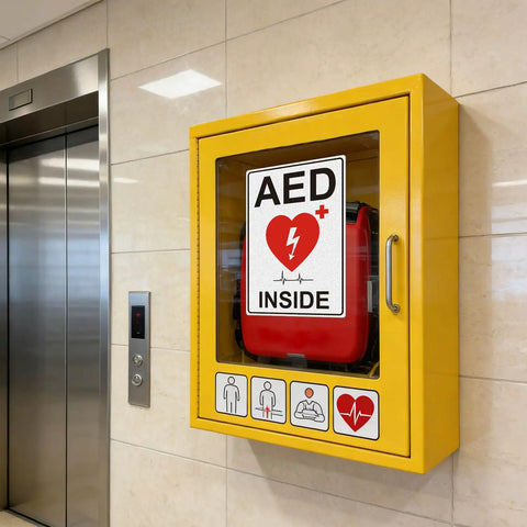 AED Sign Stickers, 2 Pack, 10x7 Large Vinyl Wall Signage For Quick AED Location, High Visibility Reflective Decals For Cabinets, Walls, Halls, And Emergency Response Areas. AED sticker on yellow cabinet beside elevator.