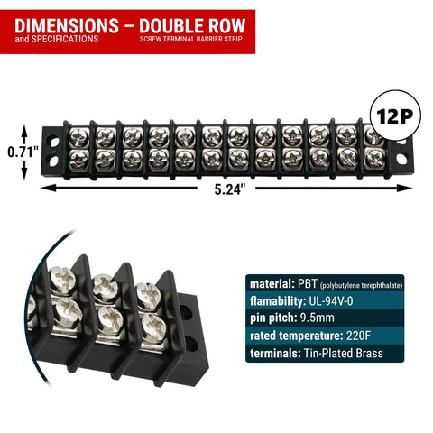 Double Row 12 Circuit Screw Terminal Block Junction Strip With Barrier 300V 20A, tin-plated brass terminals, nickel screws