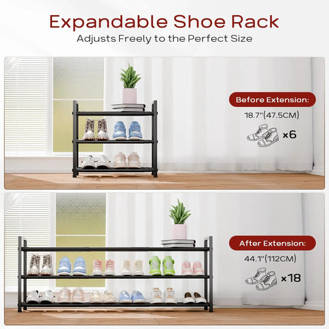 Expandable 3-Tier Shoe Rack For Closet And Entryway, Adjustable From 18 To 44 Inches, Fits 15-18 Pairs, Heavy-Duty Metal Black Shoe Organizer