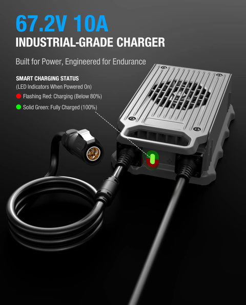 67.2V 10A Rapid Charger For 60V Lithium E Bike Batteries With IP65 Waterproof Rating And Cooling Fan High Efficiency Fast Charge For Electric Dirt Bikes Like Light Bee X And Segway X260 Safe Reliable And Ready To Ride