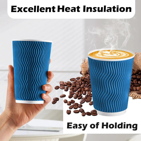 12 Oz Insulated Paper Cups With Ripple Wall For Hot Or Cold Beverages, 50 Count Blue Disposable Cups No Lids, Corrugated 3 Layer Design To Grab And Go, Great For Home, Office, Parties, Travel, Picnics And Daily Use.