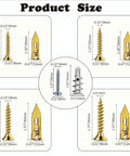 Product size diagram of 380 Pieces Self Drilling Drywall Anchors And Screws Set In Zinc Plated Steel Includes Five Sizes