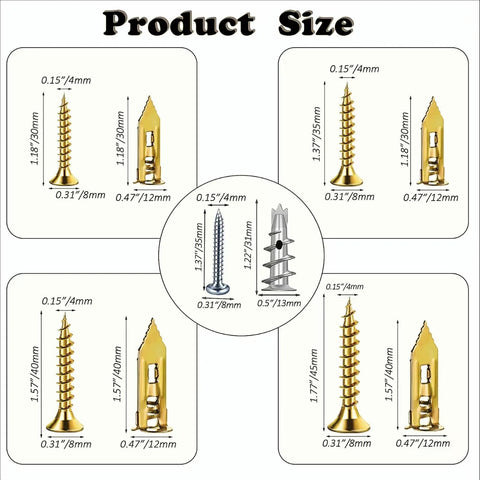 Product size diagram of 380 Pieces Self Drilling Drywall Anchors And Screws Set In Zinc Plated Steel Includes Five Sizes