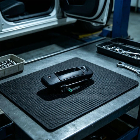 RDHFTNIHU Access Latch Component on a workshop surface, matte black finish, designed for 2007-2013 pickup tailgate use.