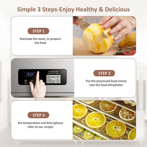 Heavy Duty Commercial Food Dehydrator With Twelve Roomy Trays, Slick Stainless Steel Drying Rack steps for use and food prep images.