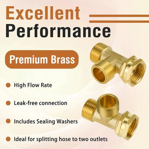 GHT 3/4 Hose Tee Adapter For Outdoor Faucets And Bibs 2 Way Garden Hose Splitter With Female To Male To Male Fittings Easy Flow Redirect For Lawn Care And Yard Projects, brass