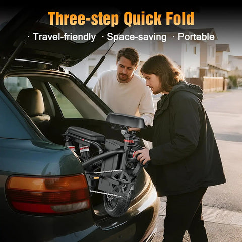 Two people folding an Electric Bike For Adults And Teens With 1200W Peak Motor Folding Commuter Ebike into a car trunk