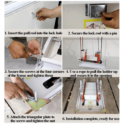 Installation steps for Hassle Free Heavy Duty Electric Attic Pull Down Ladder Featuring Smart Remote Operation Telescoping Folding Loft Staircase.