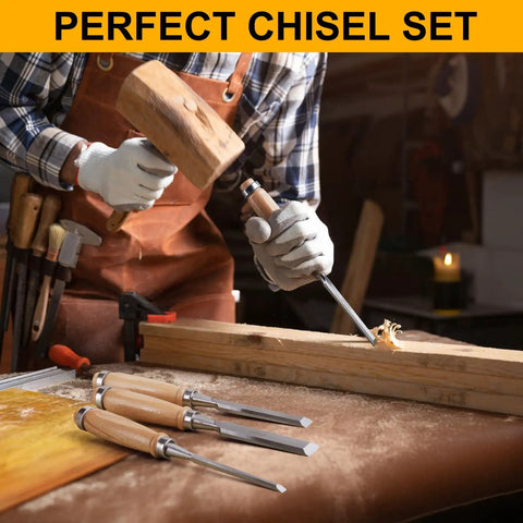 Badass Bevel Edge Wood Chisel Set For Real Deal Workshops With Precision Ground Steel Blades In Four Classic Sizes being used for carving.