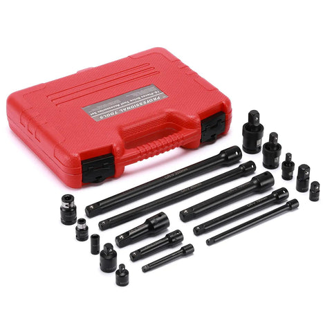 18-Piece Drive Socket Set With Adapters, Extensions, Universal Joints And Impact Coupler displayed with red case.