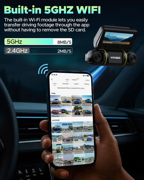 Person using app with 360 Degree View 4 Channel Dash Cam For Cars With Front Rear Left And Right Coverage 5G WiFi 128GB Card