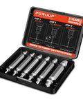 6-Piece Damaged Screw Extractor Set With Left Hand Drill Bits 0 Through 4 And Spiral Flute Extractors in black storage case