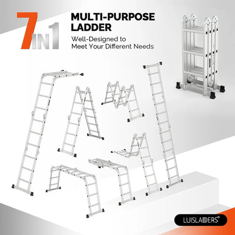 7 In 1 Folding Aluminum Ladder Multi Purpose Extension Scaffold Leaning Stepladder Heavy Duty With EN 131 Standard 12.5 Feet folds into multiple positions