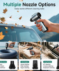 Person using Ultra Power Electric Air Duster With 130000 RPM Brushless Motor 3 Speed for car cleaning, showcased with nozzle options.