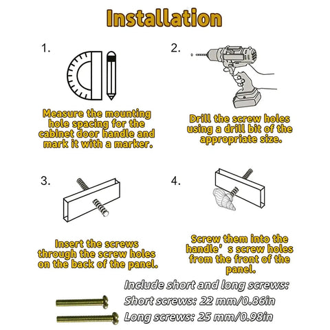 Installation guide for Coastal Conch Cabinet Knobs 4 Pack With Screws Ocean Vibe Zinc Alloy Drawer Pulls, showing steps and screws.