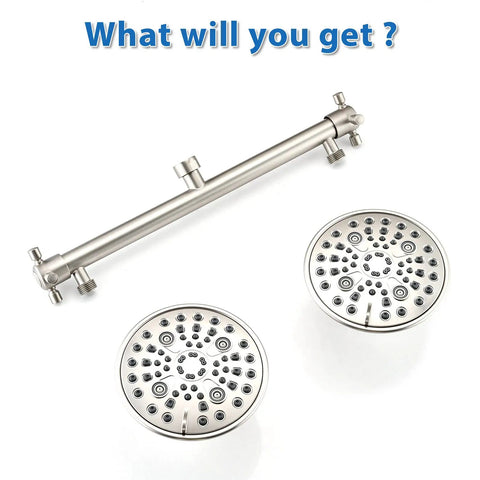 Double Shower Head With Built In Valve For High Pressure Showering 6 Settings Dual Shower Head Design For Walk In Or Bathtub Bathrooms Brushed Nickel Finish displayed components