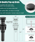 High-quality pop-up drain compatibility and dimensions diagram with installation guide, matte black finish