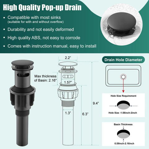 High-quality pop-up drain compatibility and dimensions diagram with installation guide, matte black finish