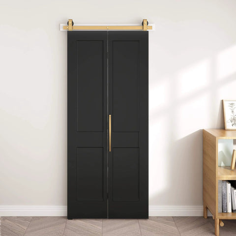 36 By 84 Inch Bifold Barn Door In Textured Black With Vinyl Wrap Two Panel Hollow Core Interior Door With Brushed Gold Hardware Kits