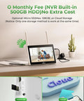 Solar Wireless Security Camera System with 10 Inch Monitor showing NVR storage options, micro SD and cloud storage on display.