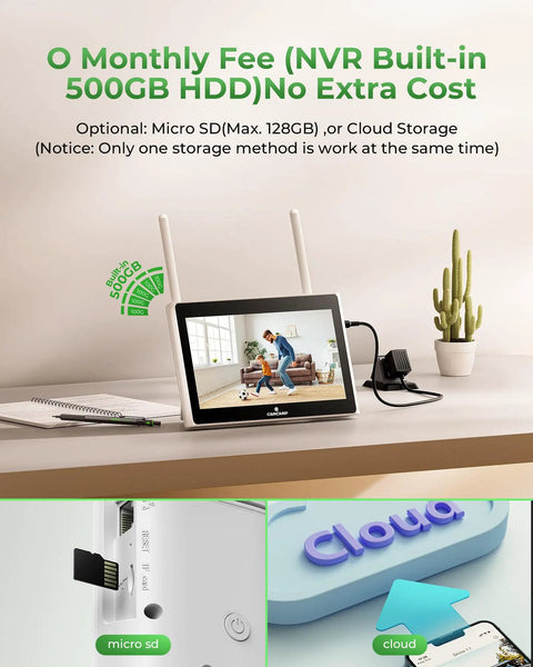 Solar Wireless Security Camera System with 10 Inch Monitor showing NVR storage options, micro SD and cloud storage on display.