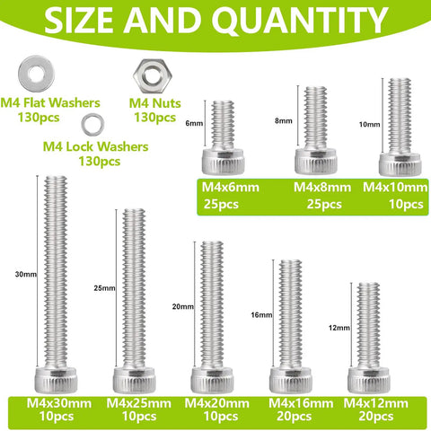 Heavy Duty M4 Screws Kit With 304 Stainless Steel Hex Socket Head Bolts Nuts And Washers, 520 Pieces, sizes shown.