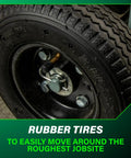 Close-up of rugged rubber tire on The Tank 8 Gallon Trolley Air Compressor With 225 PSI Built For Framing Siding Finish Or Roofing Nailers.
