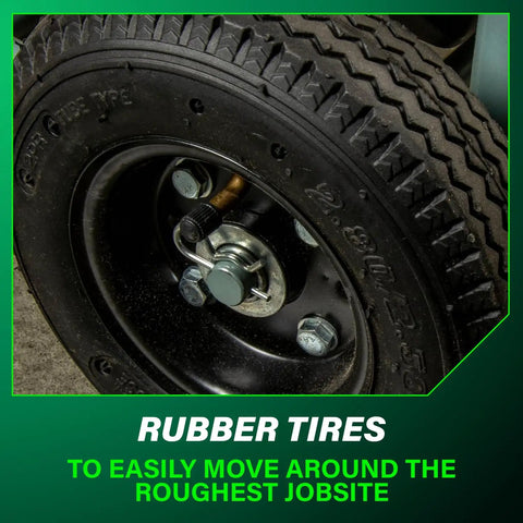 Close-up of rugged rubber tire on The Tank 8 Gallon Trolley Air Compressor With 225 PSI Built For Framing Siding Finish Or Roofing Nailers.