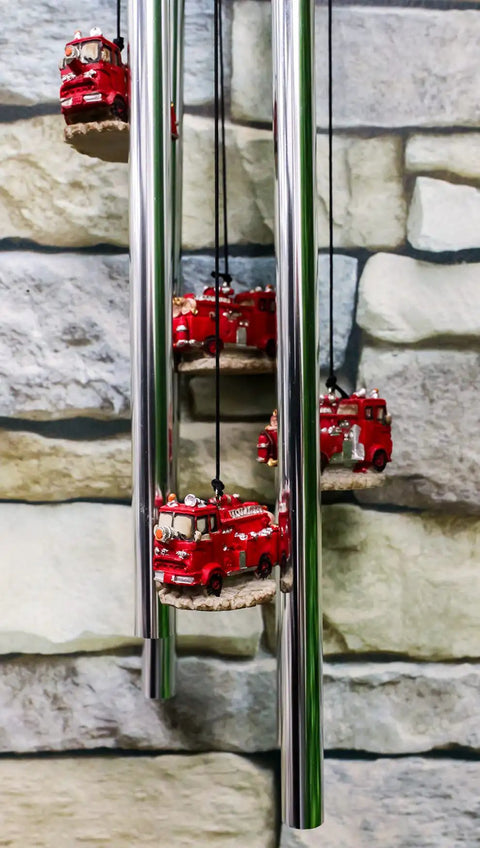 Red Fire Engine Wind Chime For Patio And Garden Decor Fire Fighter Theme with fire truck models and aluminum rods
