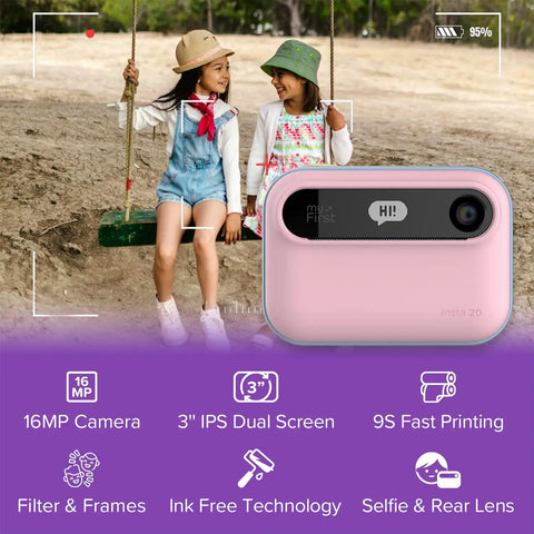 Kids Instant Print Camera Insta 20 Hybrid Digital And Instant Photo Printer For Ages 4 To 12, 7 Second Inkless Printing, Selfie Frames, Easy Controls, Creative Frames, Great Birthday Gift pink compact camera with kids using swing