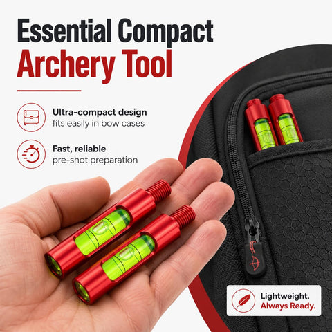 Plug And Play Berger Hole Archery Level Two Pack Slick Aluminum Aligner in hand, showing compact red design with bubble levels for archers.
