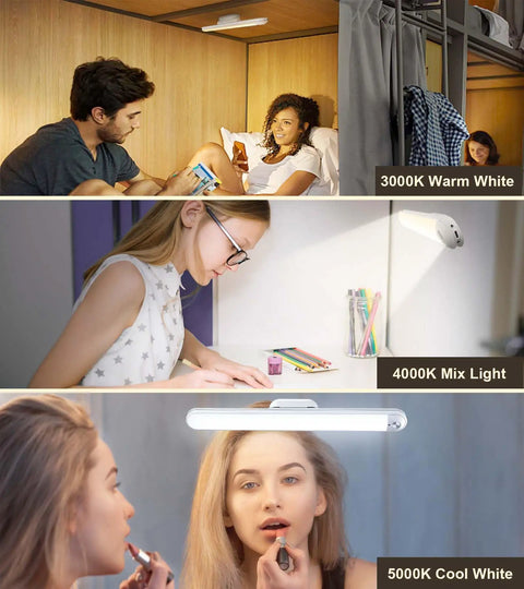 Rechargeable Touch Light Bar With Remote Dimmable LED Mirror Lights, mounted in warm, mixed, and cool white on bunk and desk.