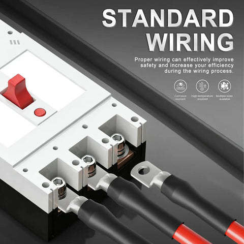 All In One Marine Grade Wire Terminal Kit With Ten 6 AWG Three Eighths Inch Tin Plated Copper Ring Terminals And Ten Pieces Of Three To One Double Wall Self Adhesive Heat Shrink Tubing In Five Red And Five Black Heavy Duty Cable Lugs featuring wiring setup