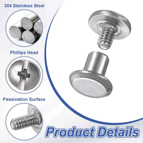 Straight Up Durable Chicago Screws And Leather Rivet Sets With Stainless Steel Bolt Studs For Belt Hardware Bag Fixes And DIY Crafting Projects That Stay Sharp All Day Long, showing 304 stainless steel Phillips head and passivation surface.