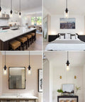 Three Pack Black Industrial Pendant Lights With Clear Glass Shades above kitchen island and bedroom, showcasing modern decor and lighting.