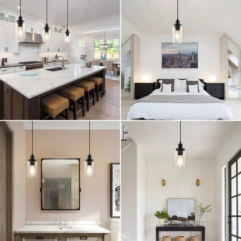 Three Pack Black Industrial Pendant Lights With Clear Glass Shades above kitchen island and bedroom, showcasing modern decor and lighting.