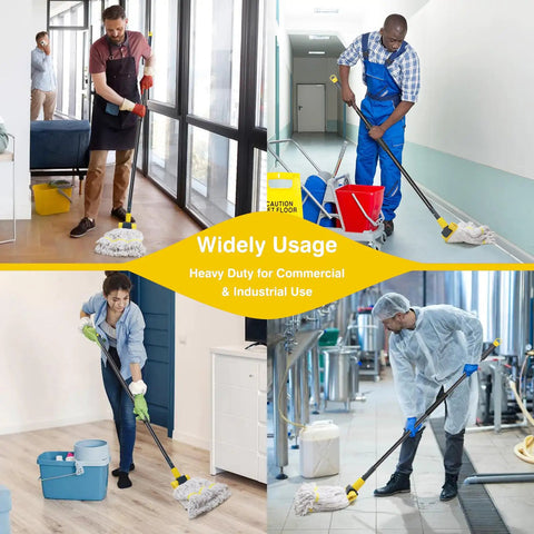 Heavy Duty Metal Mop Handle 58 Inch Industrial Mop Stick With Jaw Clamp Grip used in various commercial cleaning environments.