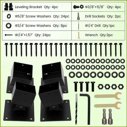 Adjustable Swing Bracket Kit For Wood 4x4 Swing Posts, Leveling Anchor To Boost Stability And Safety, Four Pack With All Install Accessories, Keeps Wooden Legs Off Damp Ground For Longer Life