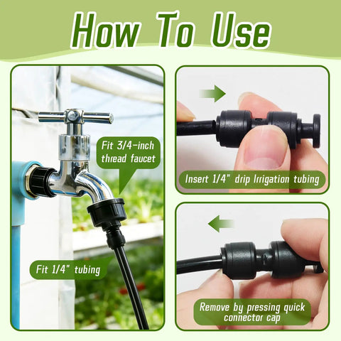 47 Pack Quick Connect 1/4 Inch Drip Irrigation Fittings Kit installation guide with tubing and faucet connection steps.