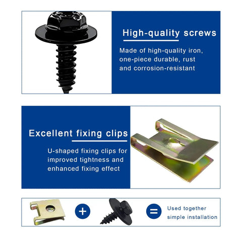 Rock Solid Car U Clip And Screw Assortment Kit With Heavy Duty Body Fasteners and Hella Tough Self Tapping Bolts, featuring durable screws and fixing clips.