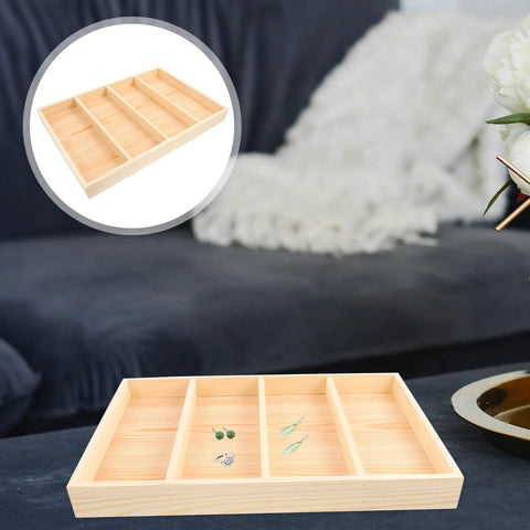 Wooden Jewelry Storage Tray With Four Compartments Multi Grid Ring Holder And Accessory Organizer Plate For Dresser Vanity and Makeup Station To Keep Your Bling Tidy with rings and studs