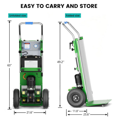 Electric Stair Climbing Dolly With 1200W Motor, Heavy Duty Foldable Hand Truck For Moving Pianos And Appliances, Quiet Operation, Easy One Person Load Carrying Solution dimensions displayed in unfolded and folded views.