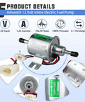 12V inline electric fuel pump with 70 LPH flow rate, universal low pressure, copper clad aluminum construction, various views.