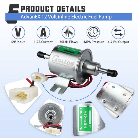12V inline electric fuel pump with 70 LPH flow rate, universal low pressure, copper clad aluminum construction, various views.