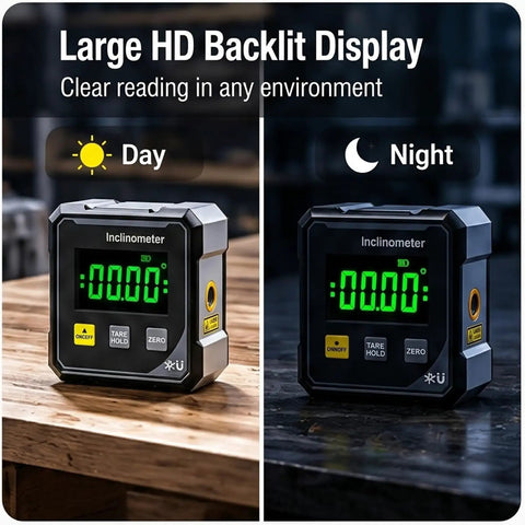 Dead On Digital Angle Finder Inclinometer with large HD backlit display for clear readings in different lighting.